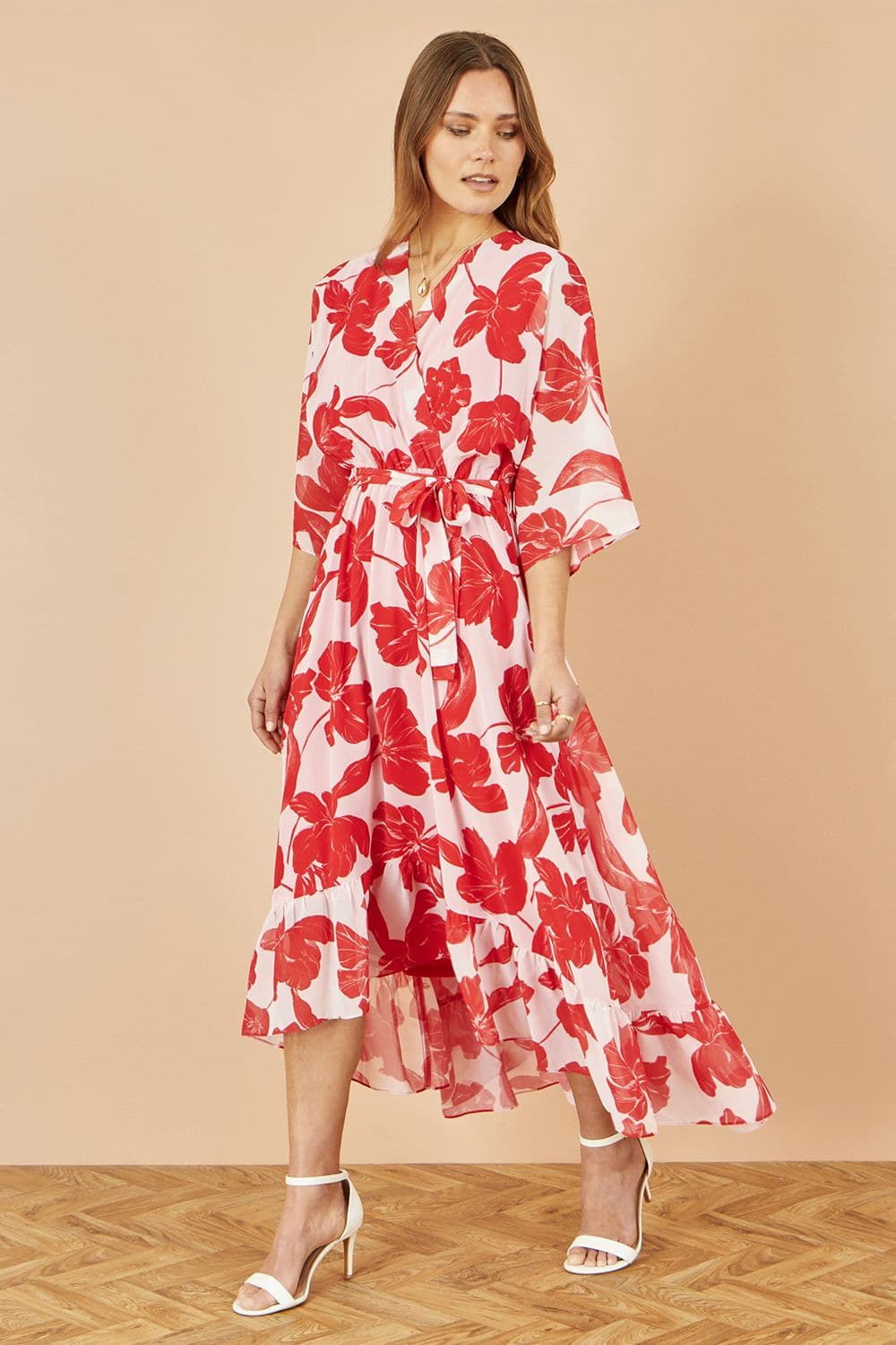 Yumi Women's Red Kimono Sleeves Midi Dip Hem Wrap Midi Dress | Size: 20