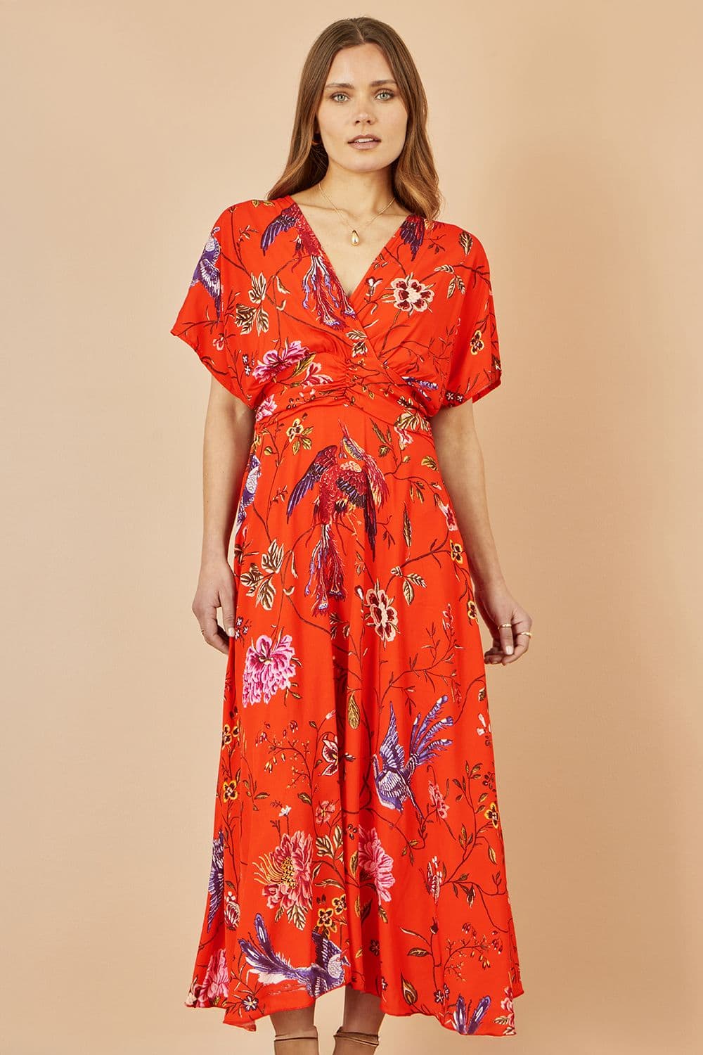 Yumi Women's Orange Viscose Bird & Floral Print Kimono Midi Dress | Size: 10