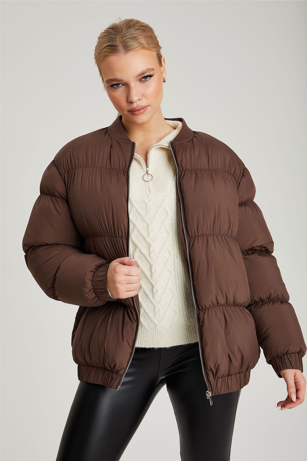 Urban Bliss Women's Oversized Gathered Puffball Coat in Brown | Size: 10
