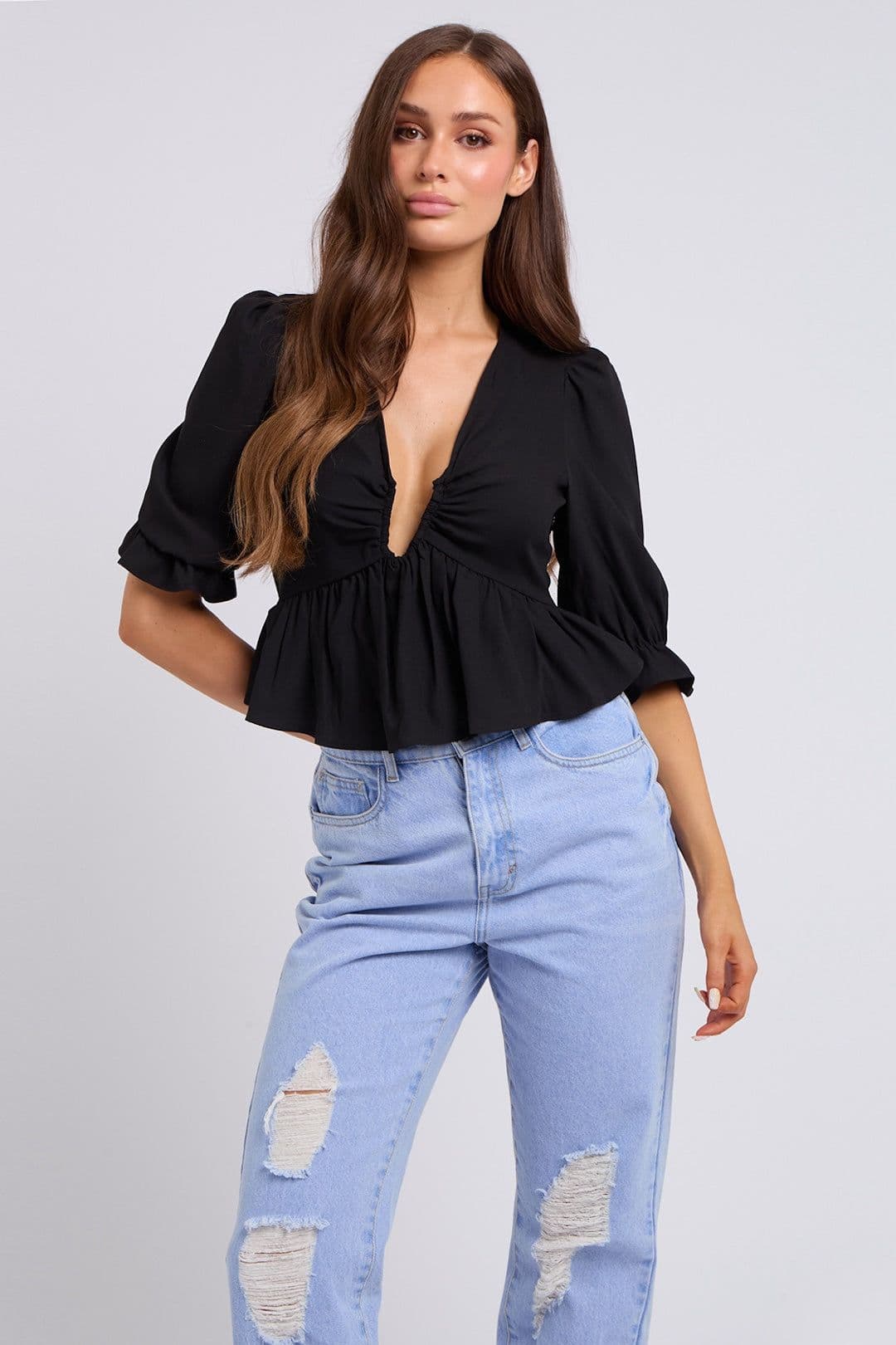 Urban Bliss Women's Colette U Bar Empire Peplum Blouse in Black | Size: 8