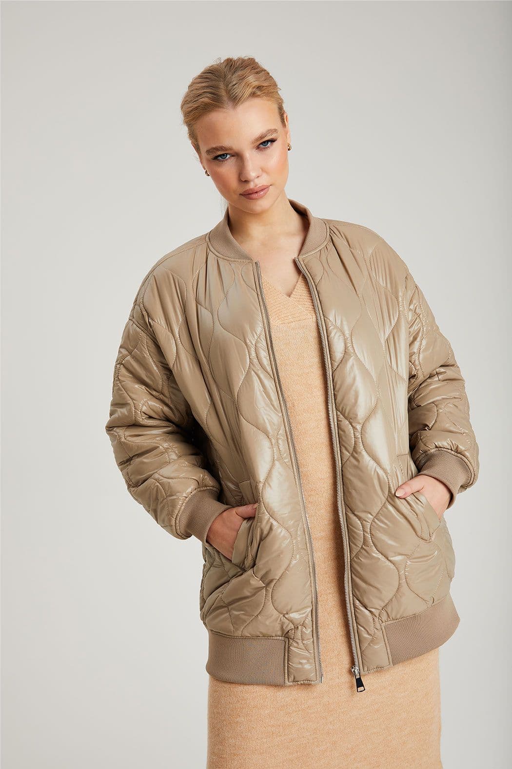 Urban Bliss Women's Quilted Longline Bomber in Beige | Size: 8