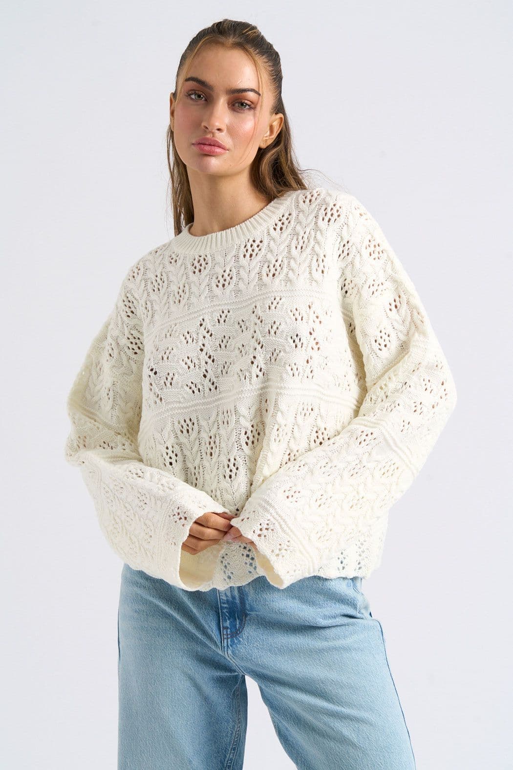 Cream Crew Neck Pointelle Jumper