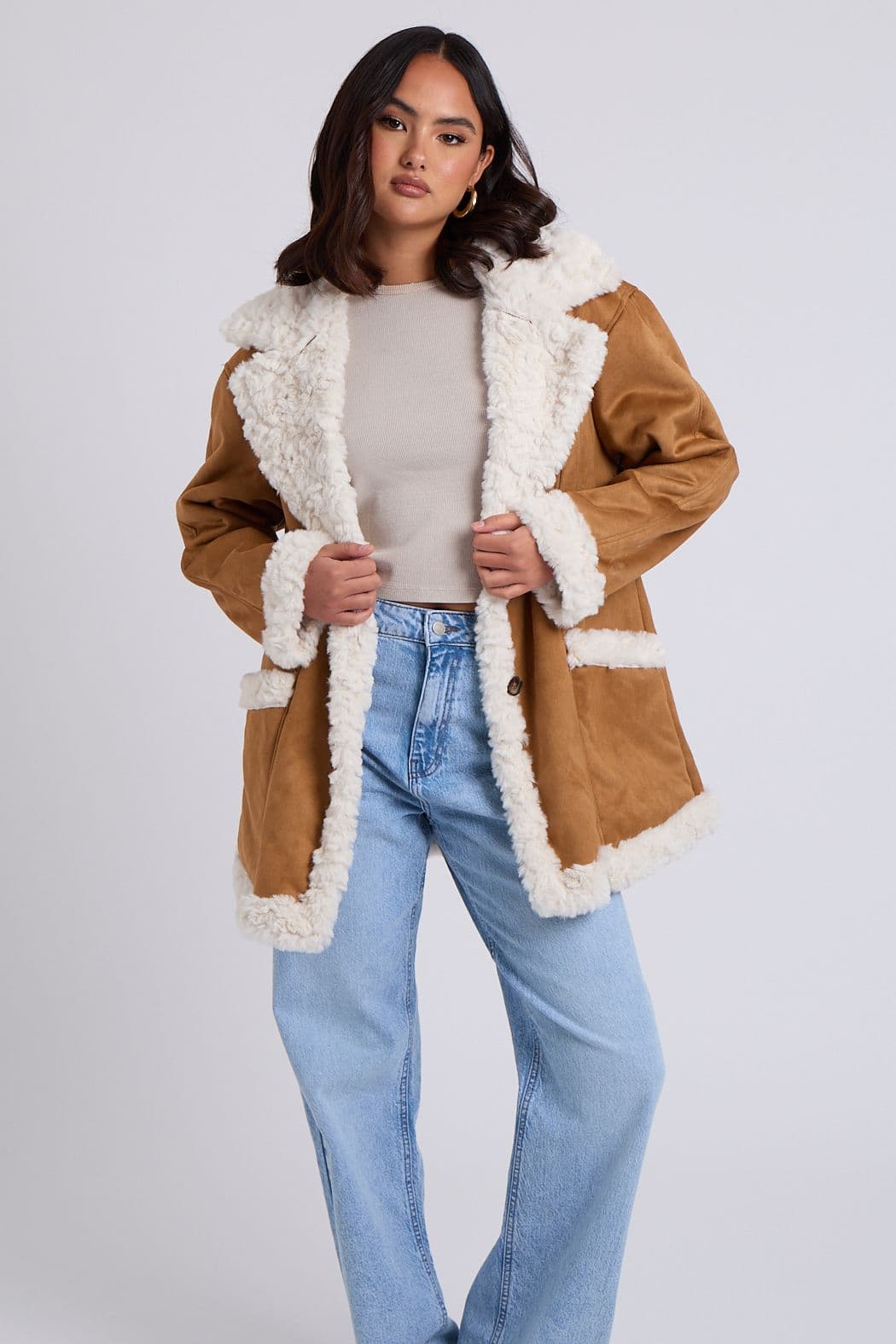 Urban Bliss Women's Suede Bonded Mid Length Jacket in Brown | Size: 12