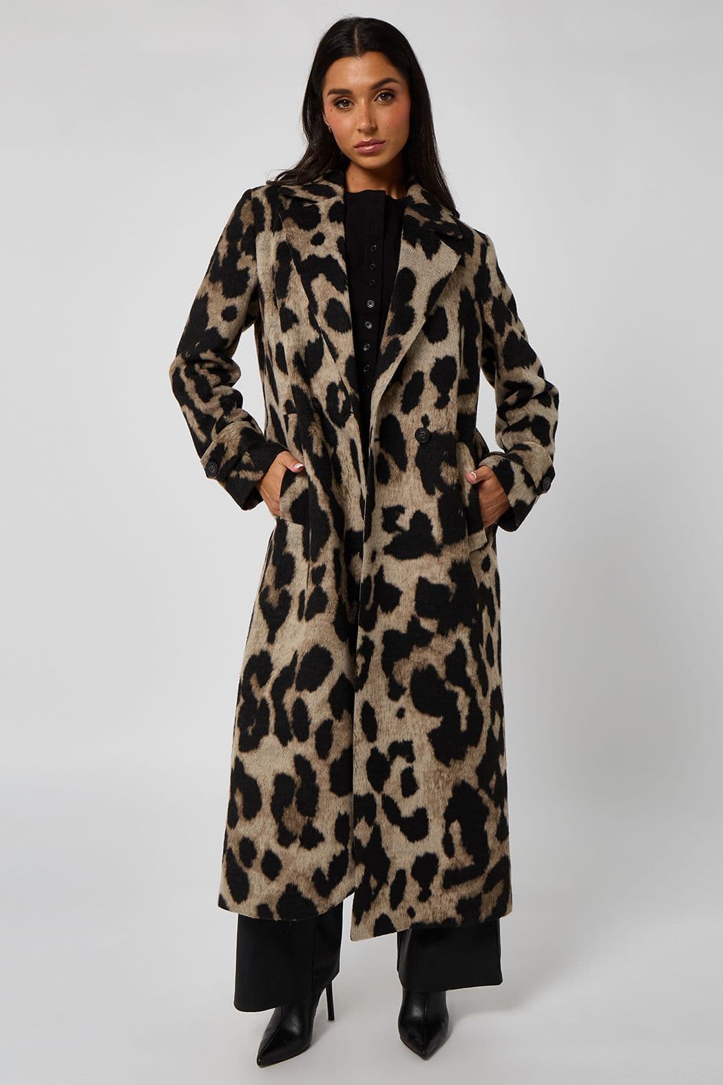 Urban Bliss Women's Longline Leopard Formal Coat in Brown | Size: 10