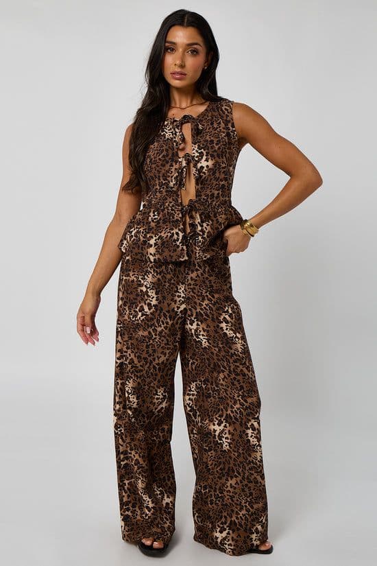 Urban Bliss Women's Leopard Linen-Look Elasticated Wide Leg Trouser in Brown | Size: 14