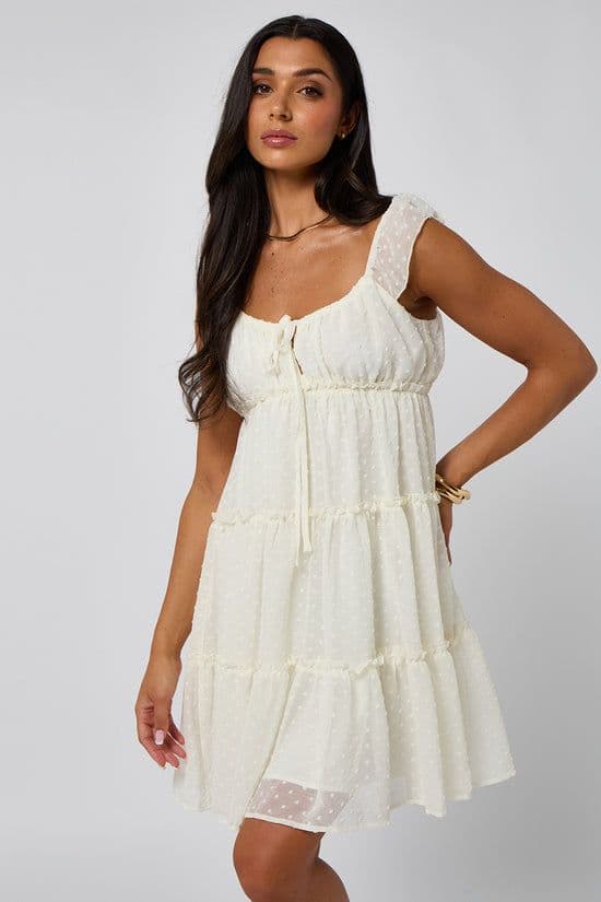 Urban Bliss Women's Dobby Tiered Ruched Mini Dress with Ruffles in Cream | Size: 12