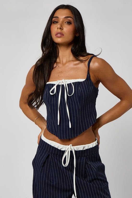 Urban Bliss Women's Pinstripe Corset Top with Tie Detail in Blue | Size: 12