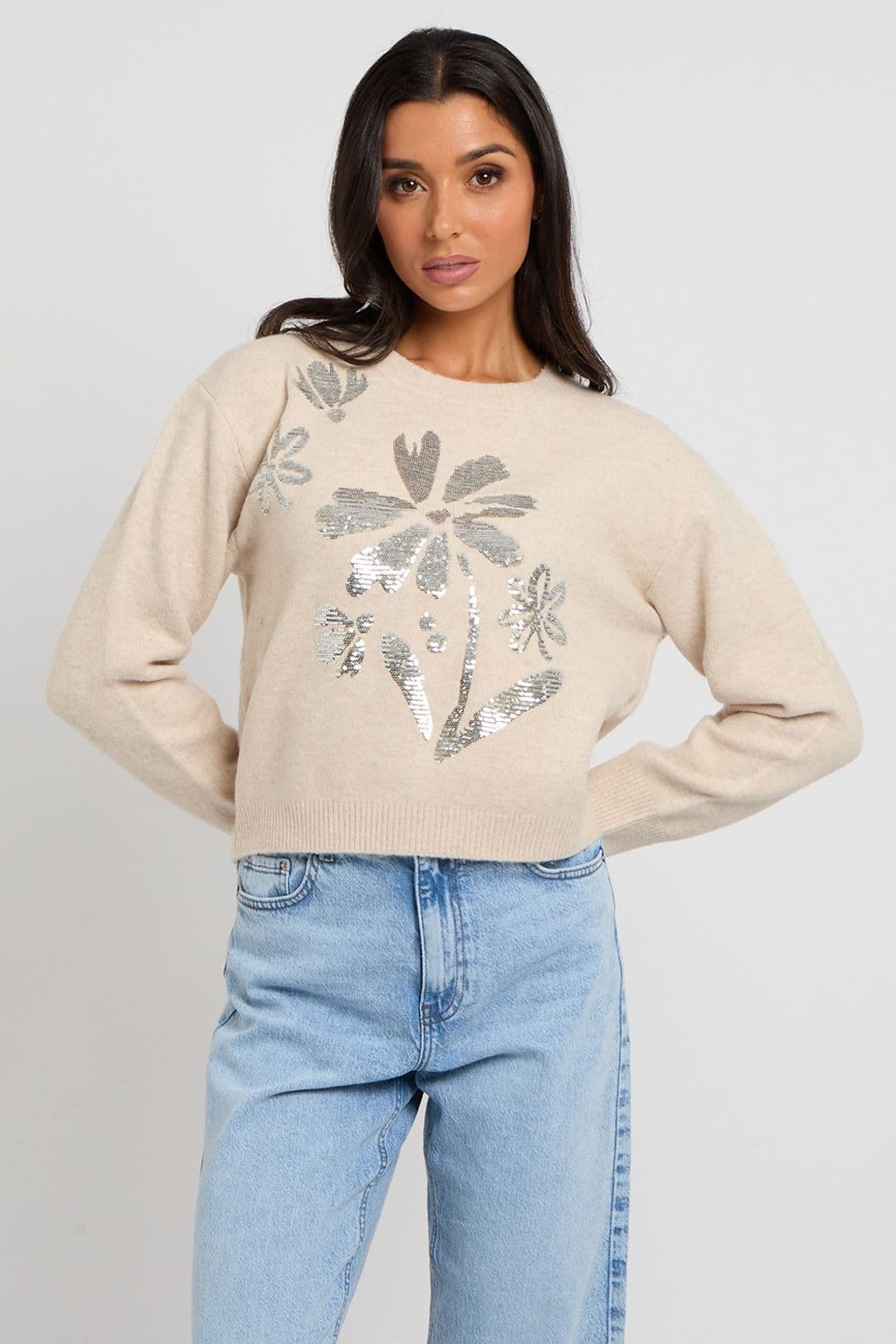 Urban Bliss Women's Floral sequin placement jumper in Cream | Size: 12