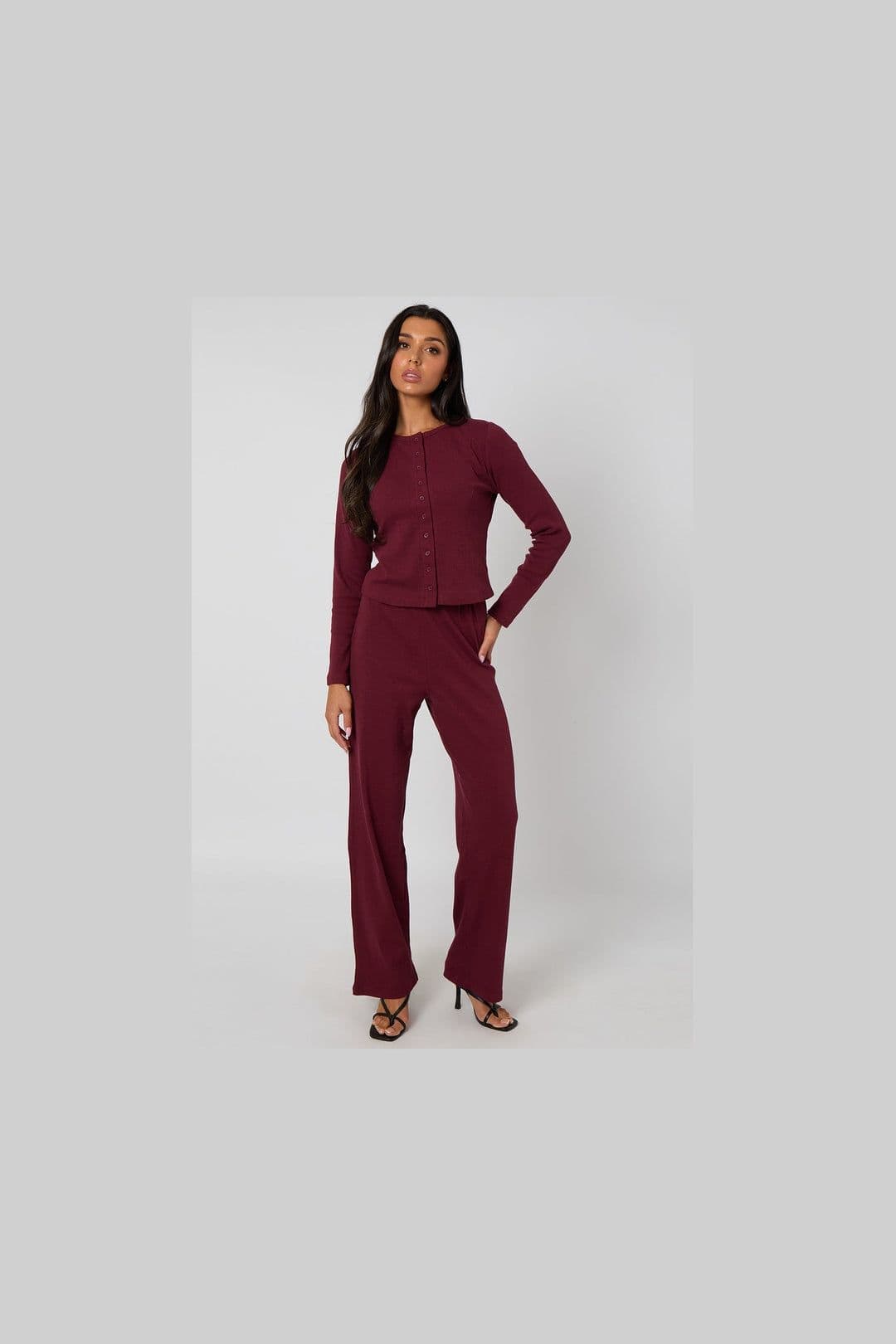 Urban Bliss Women's Ribbed Wide Leg Trouser in Burgundy | Size: 8