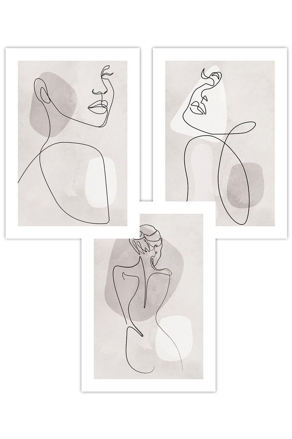 Set 3 Beige Female Line Art Prints 30 x 42cm