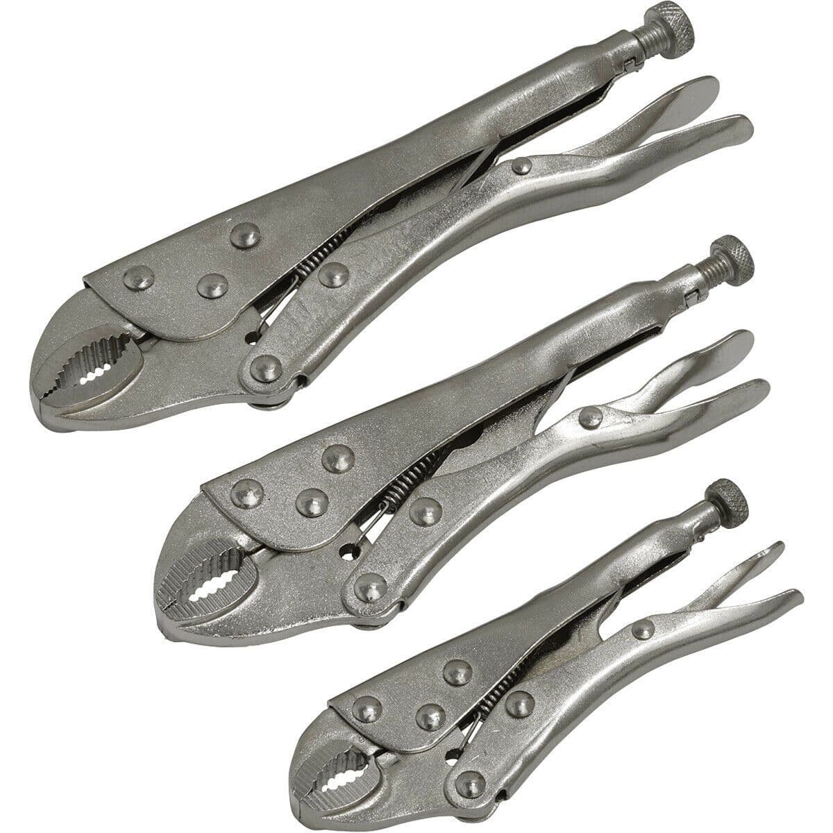 3 Piece Curved Locking Pliers Set 125mm 175mm & 215mm Drop Forged Steel Jaws