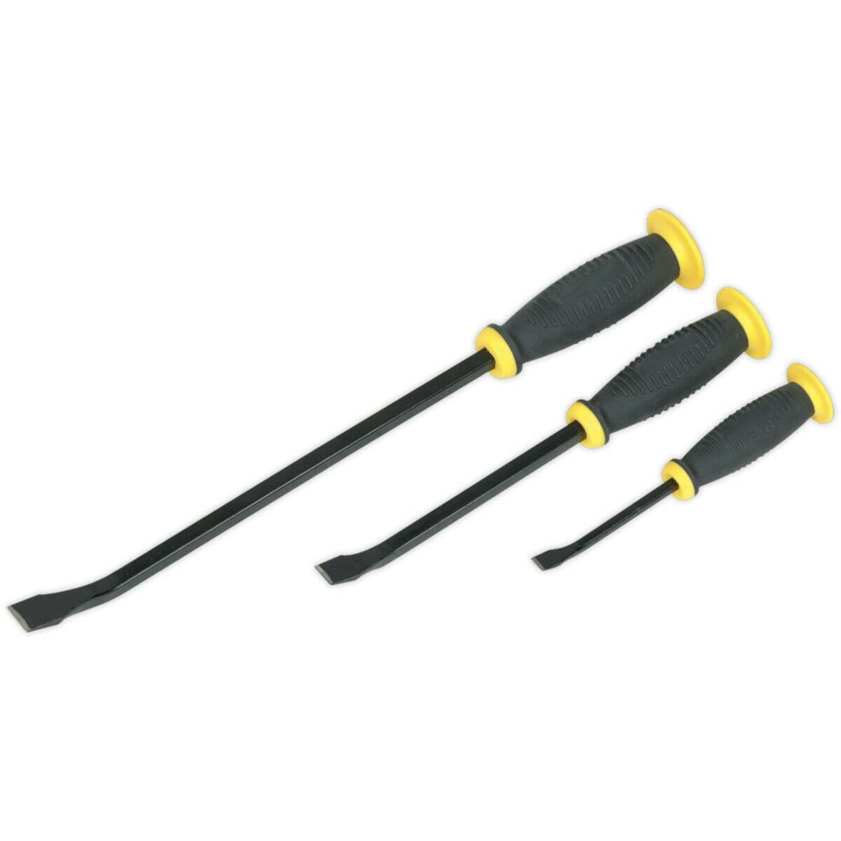 3 Piece Angled Pry Bar Set Hammer Caps Heat Treated Steel Shafts Soft Grip