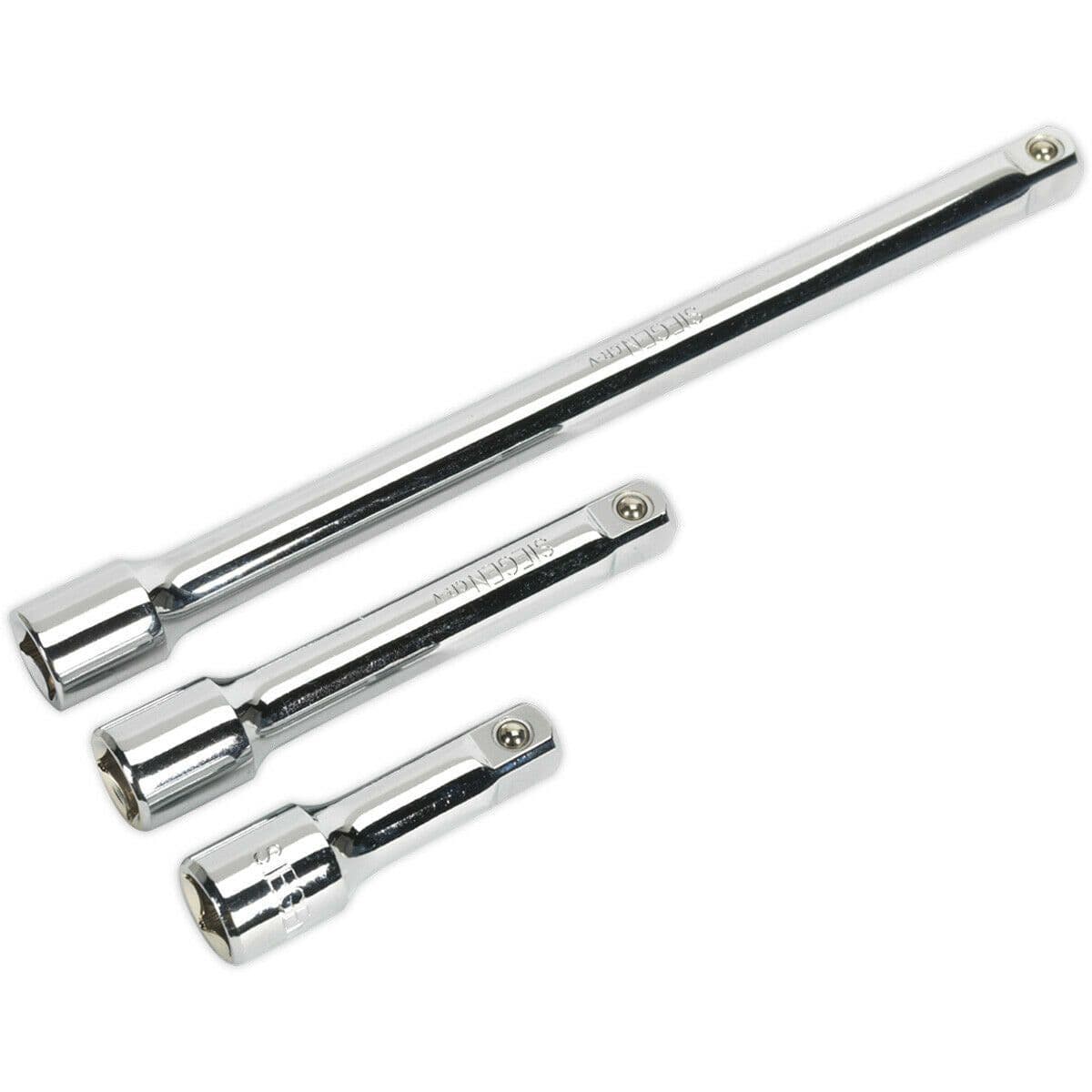 3 Piece Steel Extension Bar Set 1 2" Sq Drive Spring Ball Socket Retainer