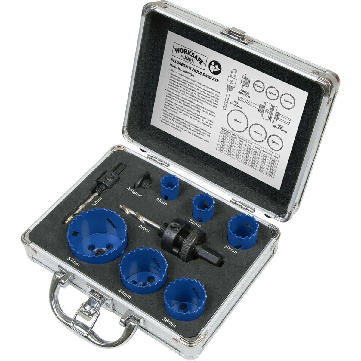 9 Piece Plumbers Hole Saw Kit 6 x Bi Metal Blades Quick Release Arbor
