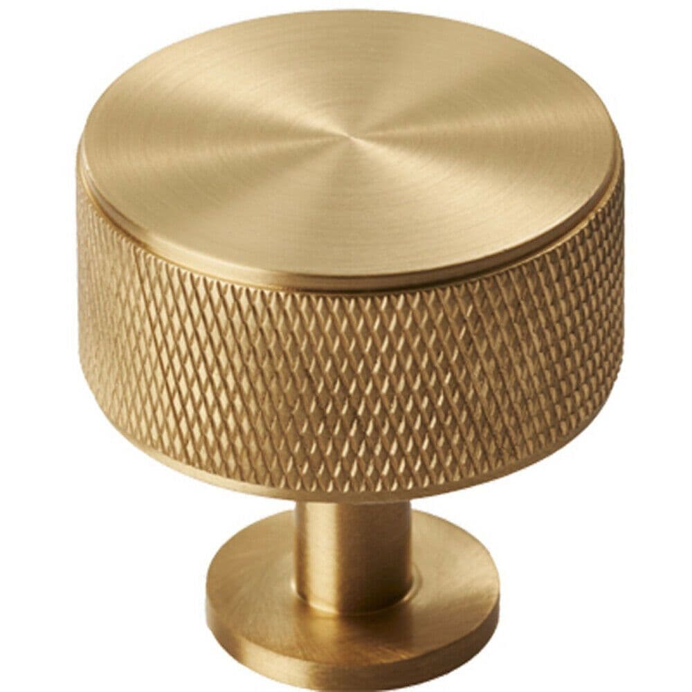 Knurled Radio Cupboard Door Knob - 35mm Diameter - Satin Brass Cabinet Handle