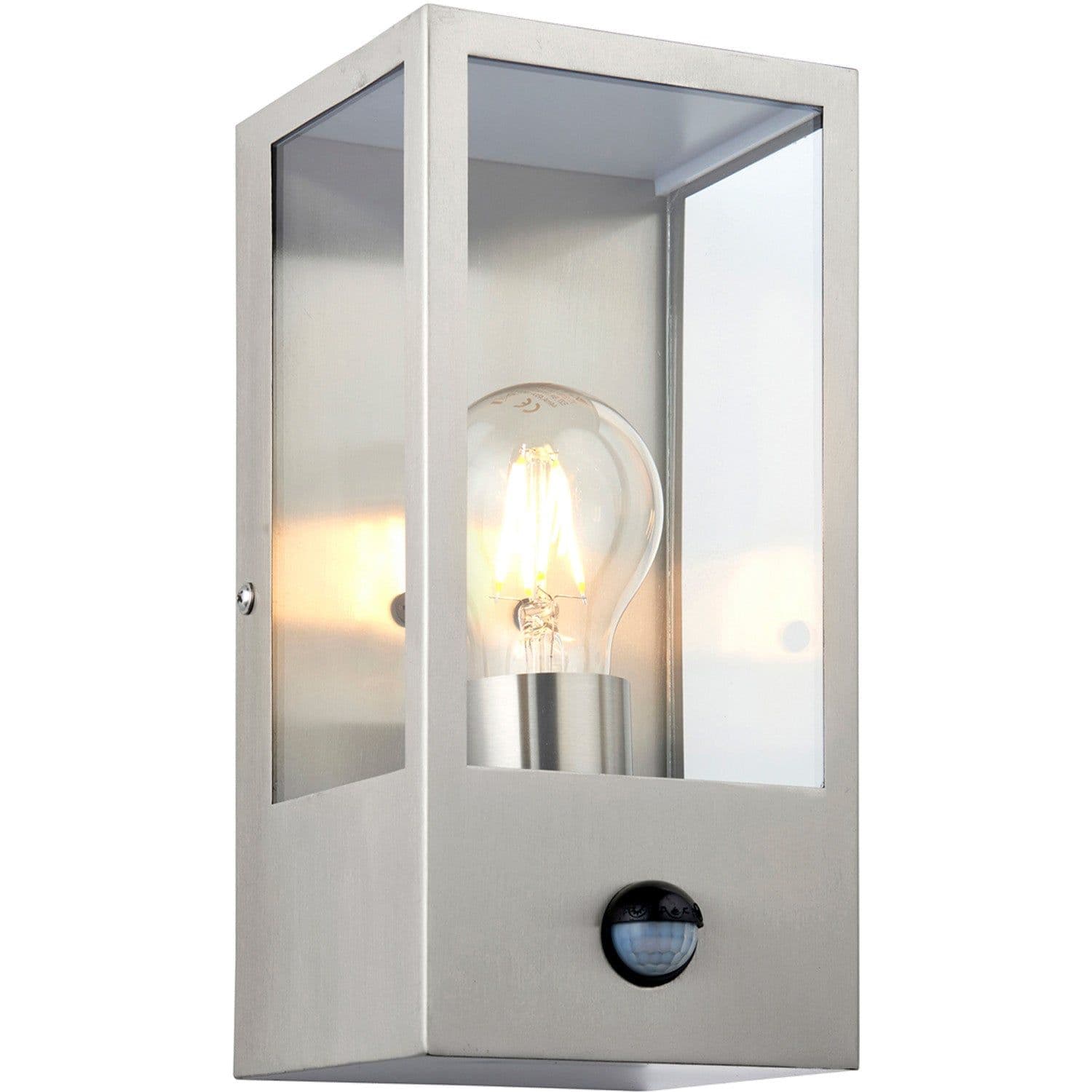 Outdoor Glass Box Style Wall Light PIR 28W Eco GLS LED Brushed Steel
