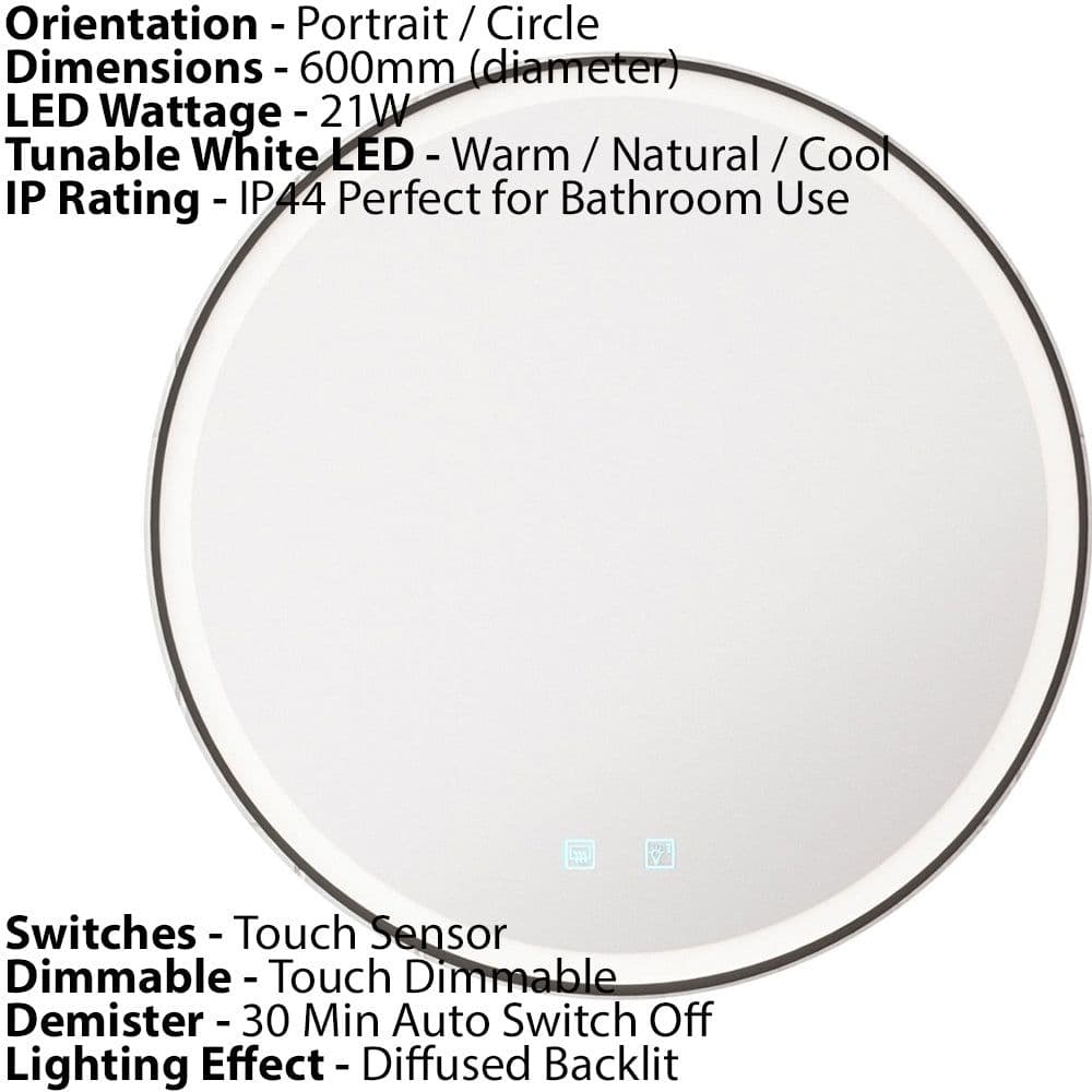 600mm IP44 MATT Round LED Bathroom Mirror & Demister Tunable White Border