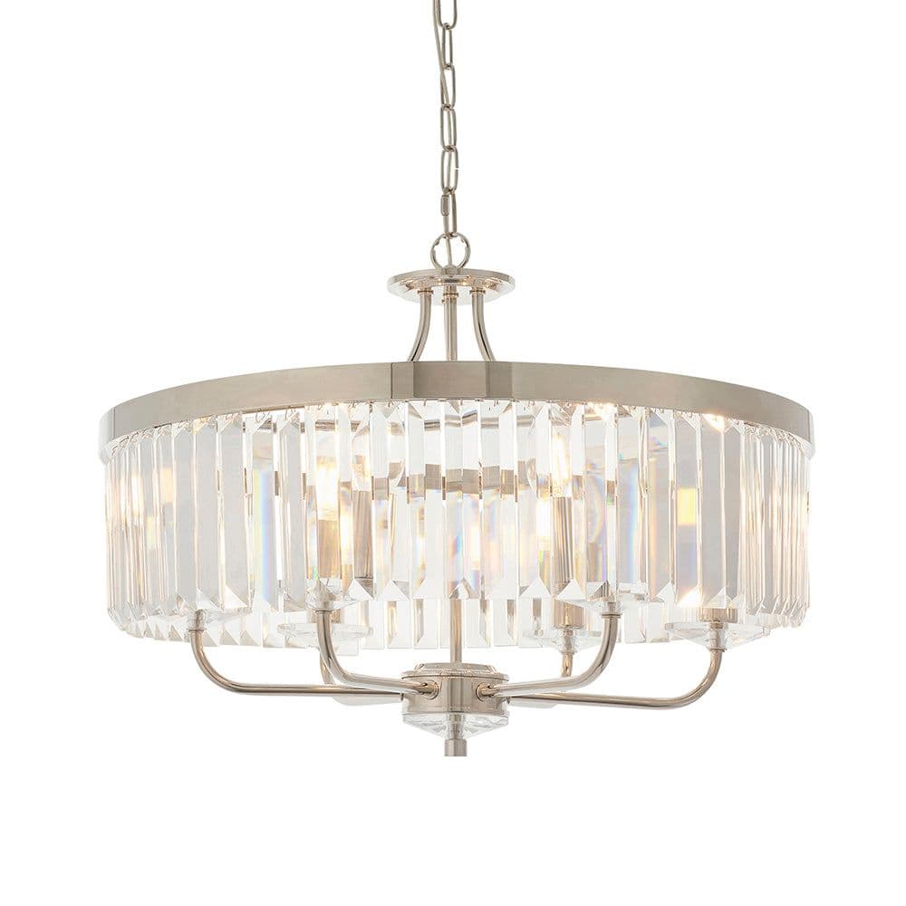 Bright Nickel Ceiling Chandelier Light Clear Cut Glass 6 Bulb Pendant Fitting