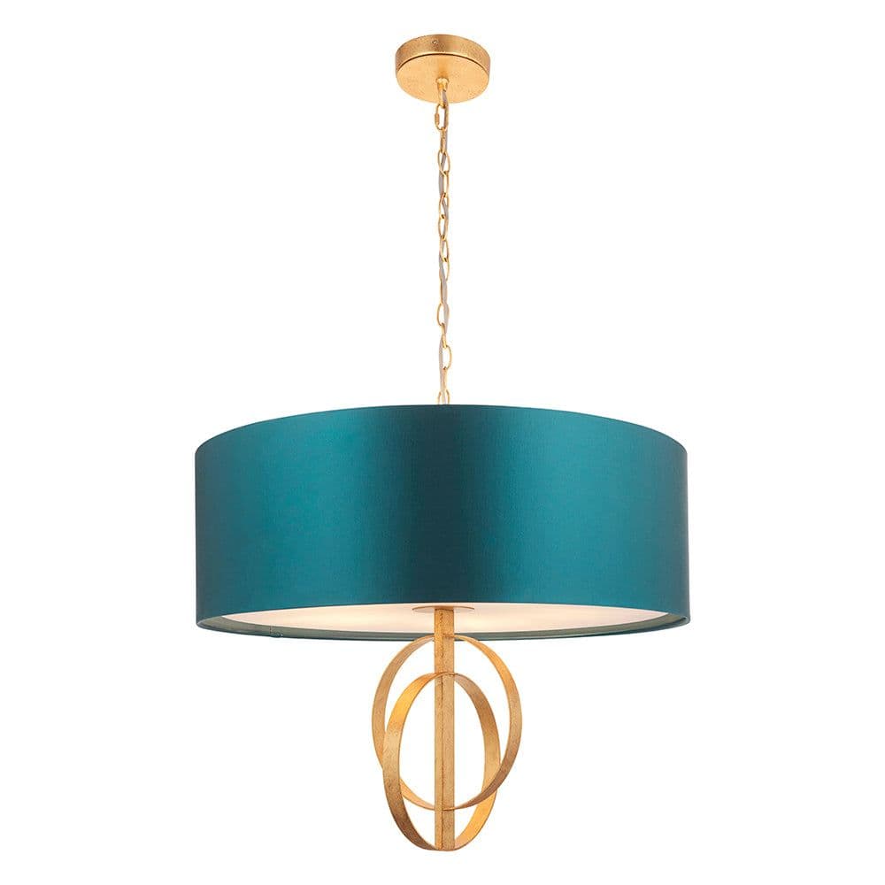 Antique Gold Ceiling Pendant Light & Teal Satin Shade - 5 Bulb Hanging Fitting