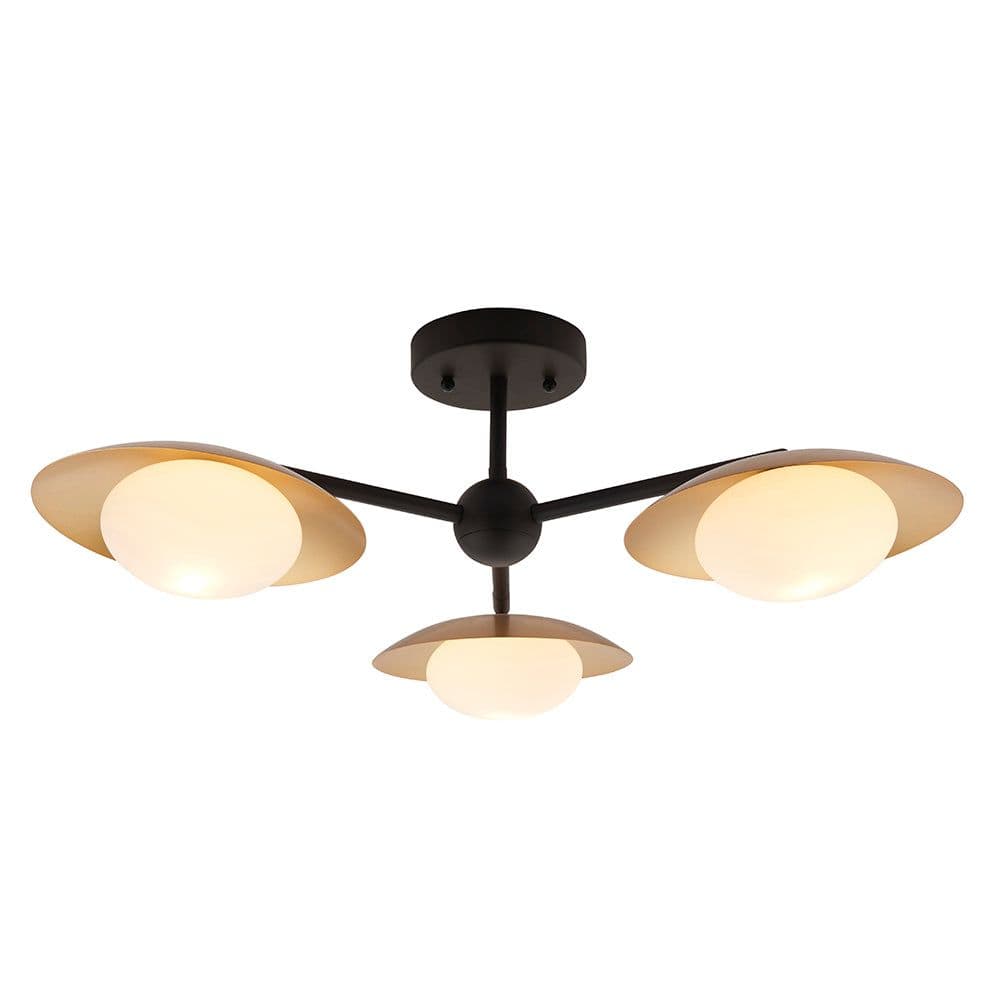 Gold & Bronze Semi Flush 3 Bulb Ceiling Light - Pebble Shaped Opal Glass Shades