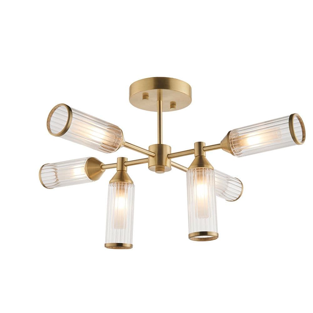 Brass Semi Flush 6 Bulb Ceiling Light Ribbed Glass Shades & Frosted Diffusers