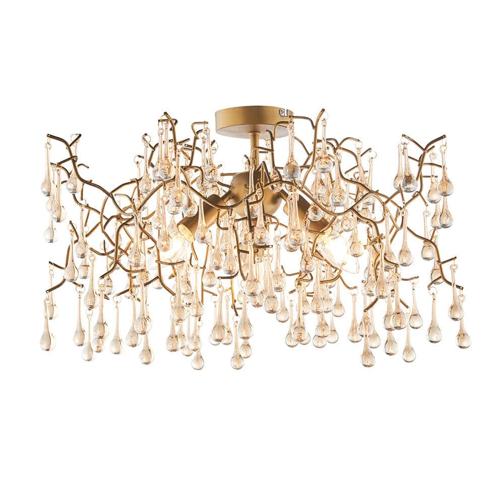 Aged Semi Flush Ceiling Light Glass Droplets 3 Bulb Low Hanging Light