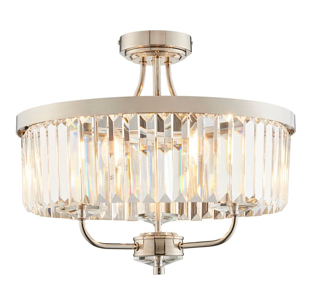 Bright Nickel Semi Flush Ceiling Light Clear Cut Glass 3 Bulb Low Hanging