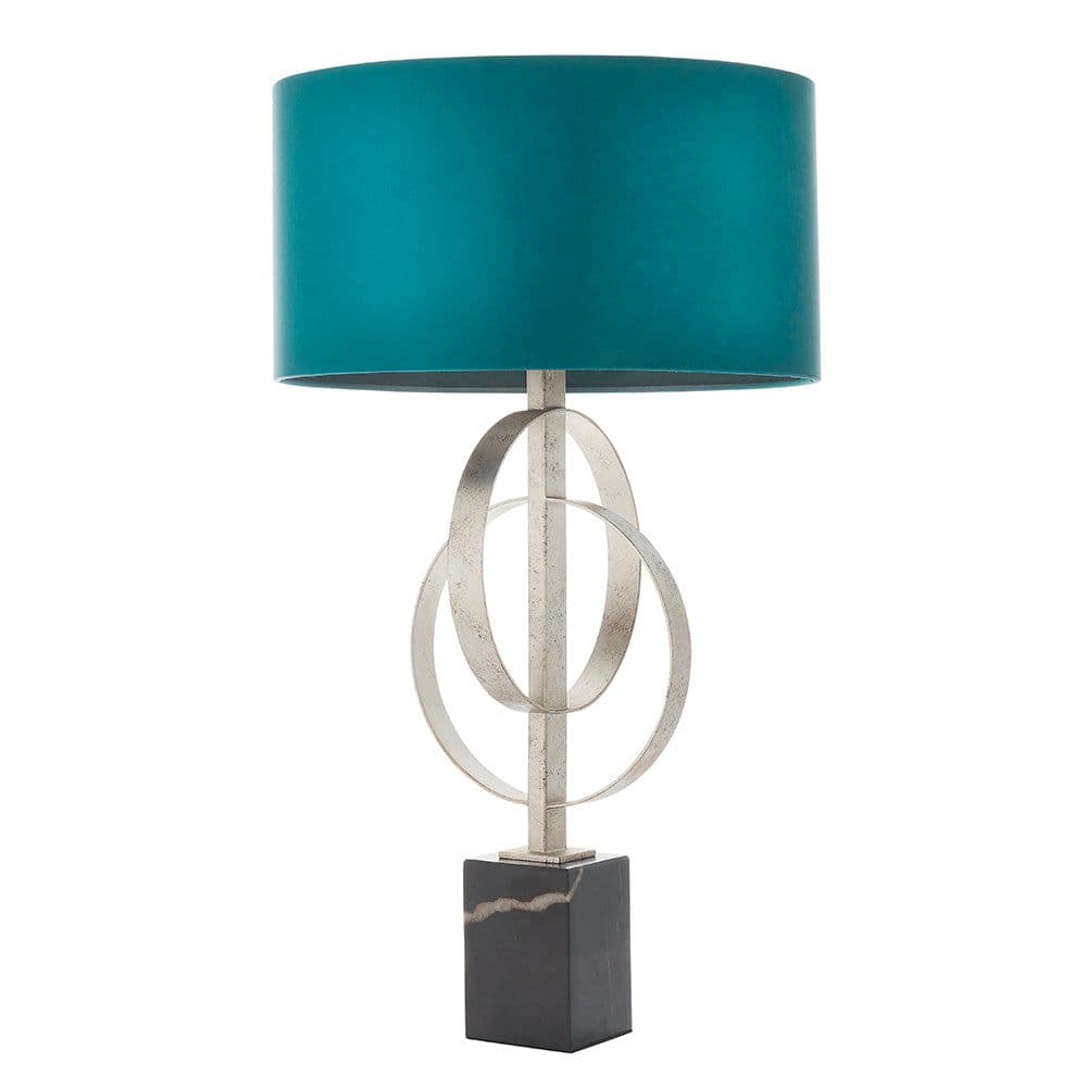 Antique Silver Table Lamp & Teal Satin Shade Marble Base Desk Light