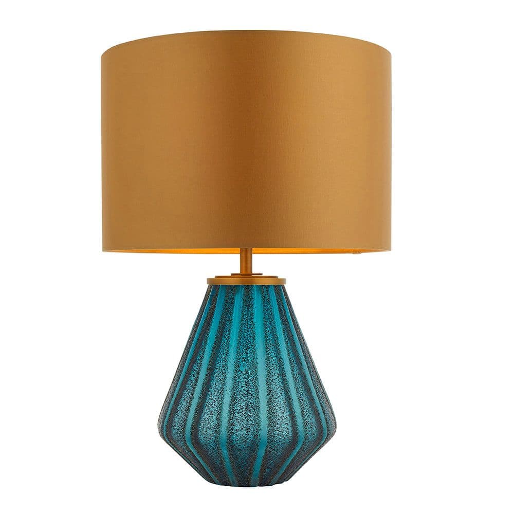 Turqoise Glass Base Table Lamp Light & Gold Fabric Shade Textured Detail
