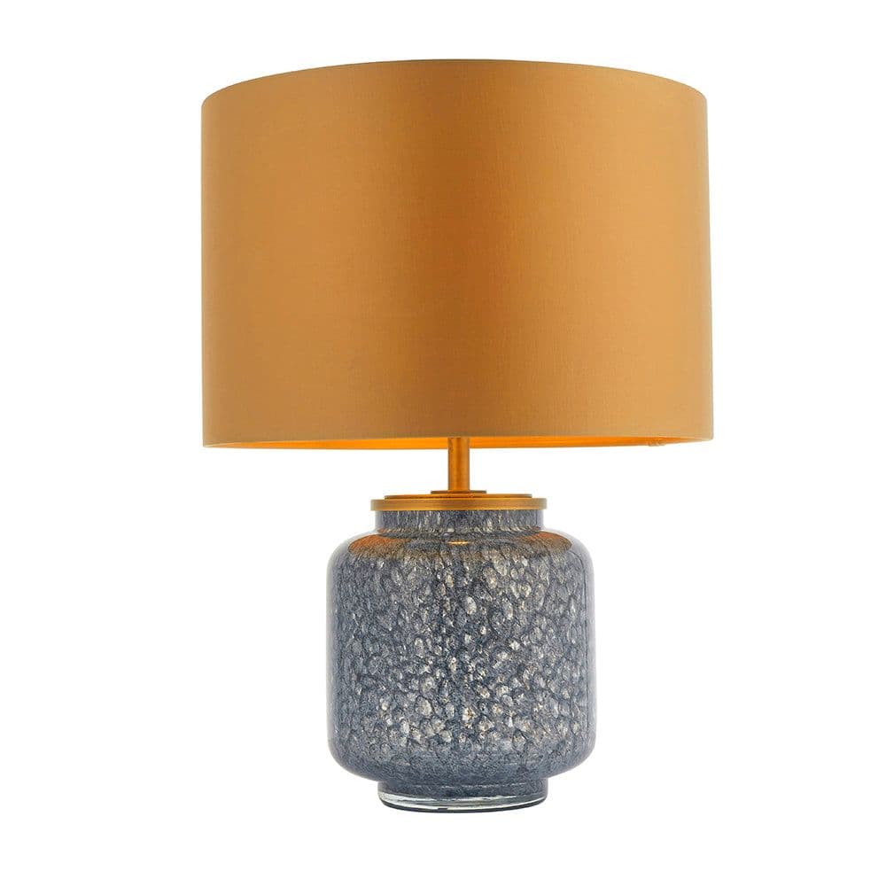 Cobalt Glass Base Table Lamp Light & Fabric Shade Antique Brass Metalwork