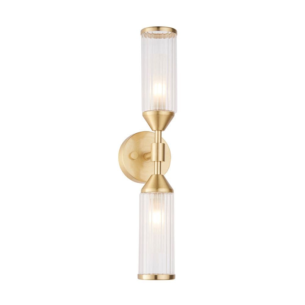 Satin Brass Twin Wall Light & Ribbed Glass Shades Frosted Glass Inner Defusers