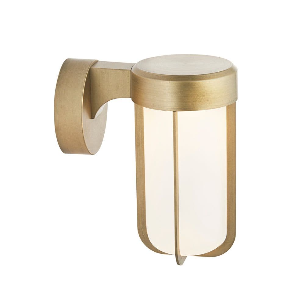 Brushed Gold Outdoor Wall Light & Frosted Glass Shade IP44 Rated 8W LED Module