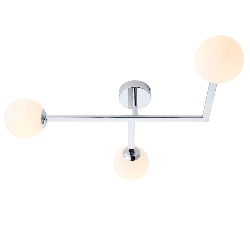Polished Chrome Semi Flush Bathroom Ceiling Light & Opal Glass Shade 3 Bulb