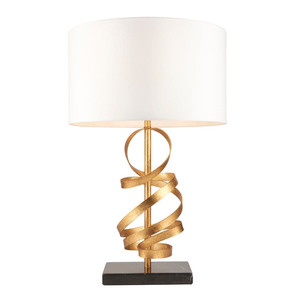 Hammered Gold Leaf Ribbon Table Lamp Light & Ivory Shade Marble Base