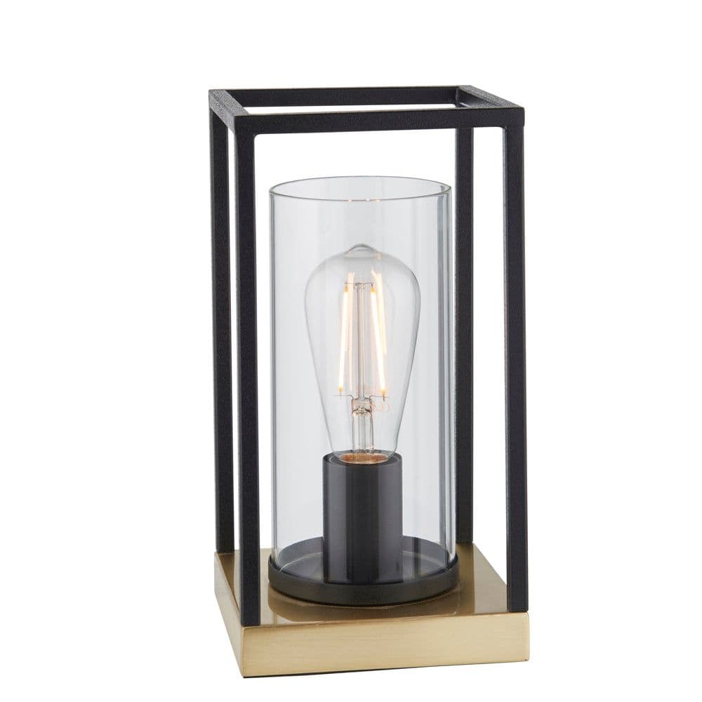 Matt Industrial Framed Table Lamp Light & Glass Shade Satin Brass Base