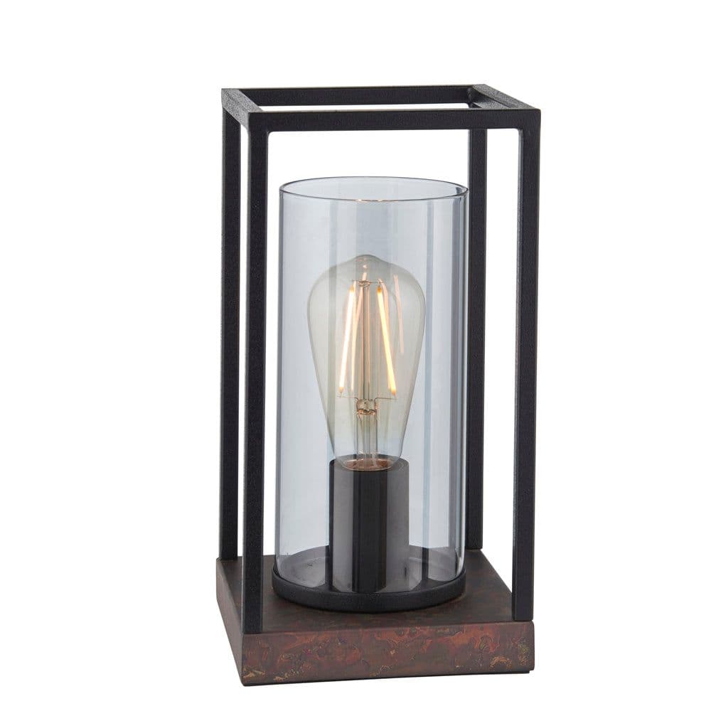 Matt Industrial Framed Table Lamp Light & Glass Shade Bronze Patina Base