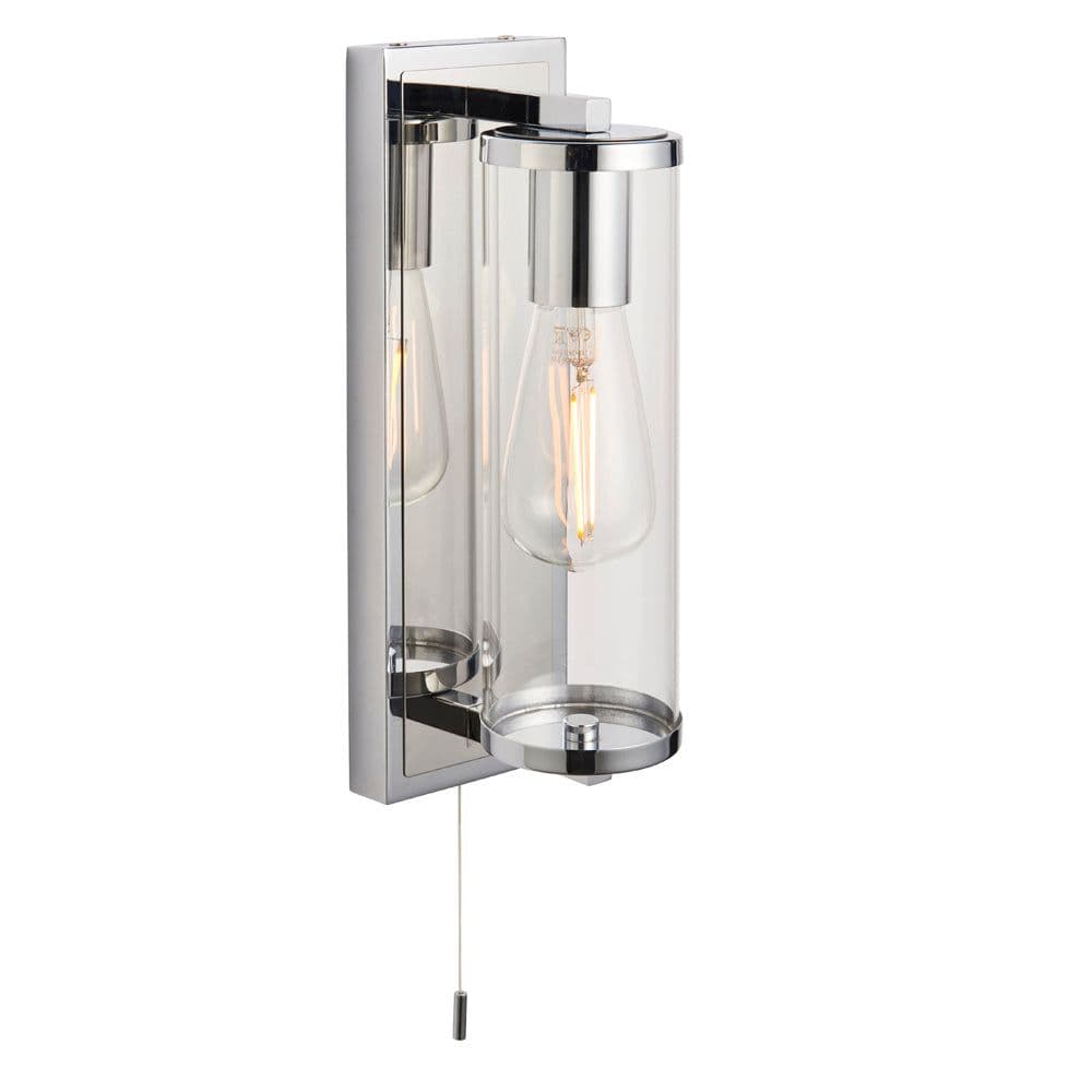 Chrome Bathroom Wall Light & Cylinder Glass Shade IP44 Rated Modern Sconce