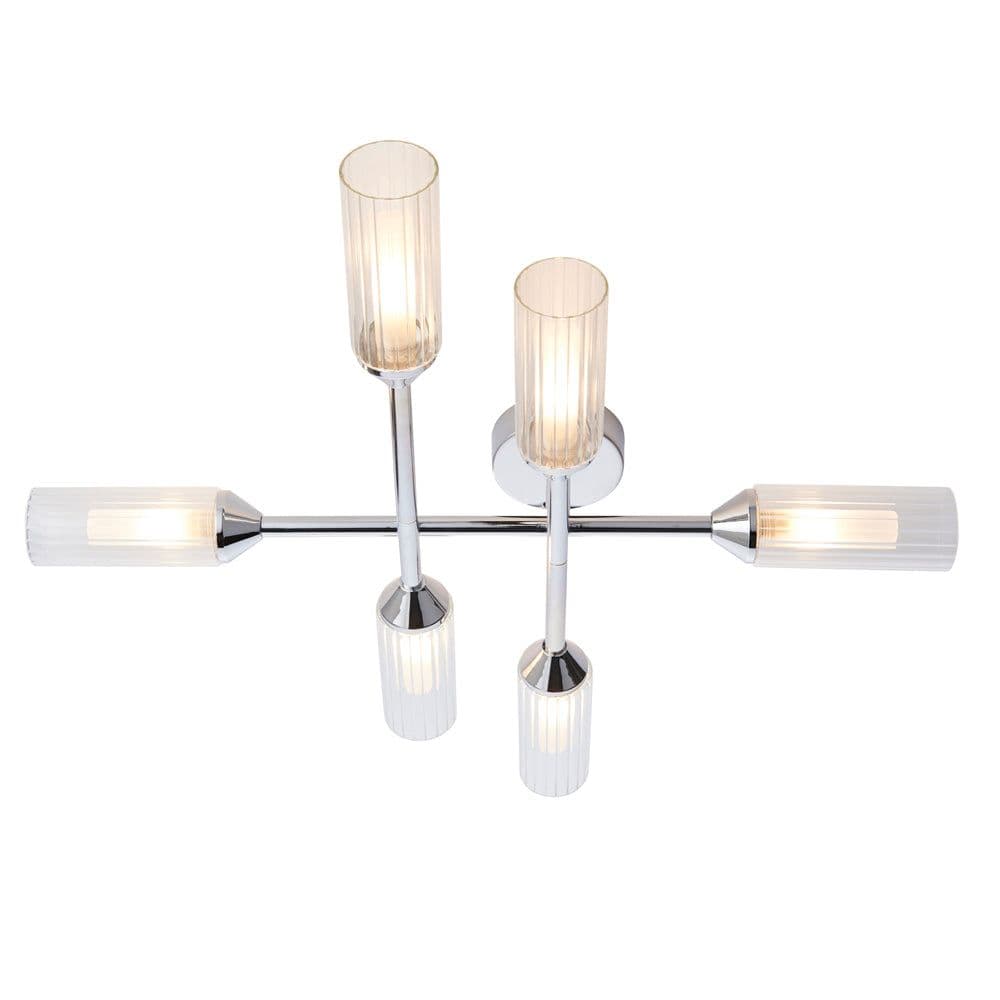 Chrome Semi Flush Bathroom Ceiling Light Ribbed & Frosted Glass 6 Bulb