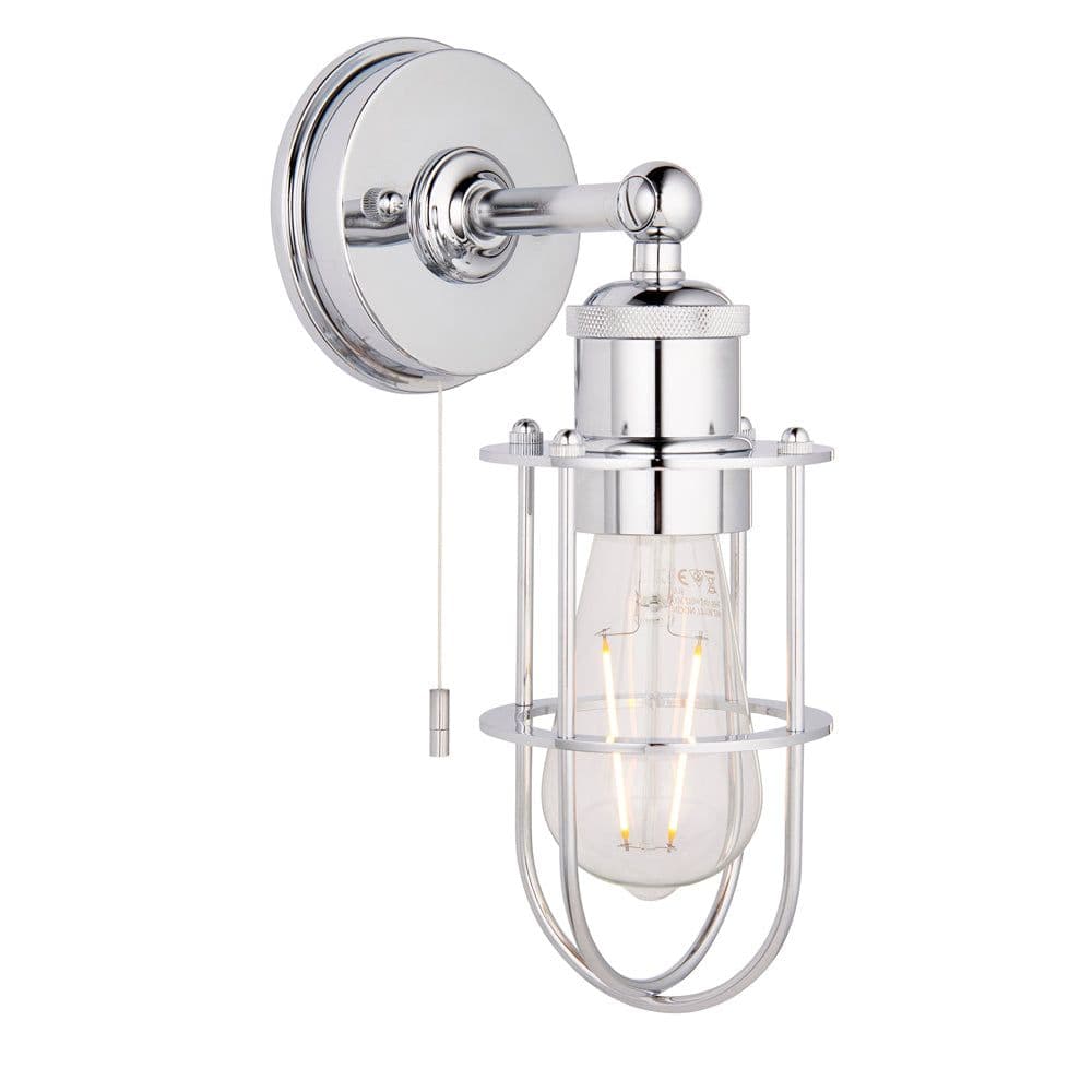 Chrome Plated Industrial Caged Bathroom Wall Light IP44 Rated Knurled Detail