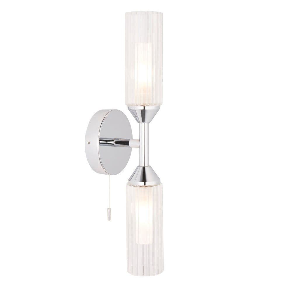 Chrome Plated Twin Bathroom Wall Light Ribbed Glass Shade & Frosted Diffuser