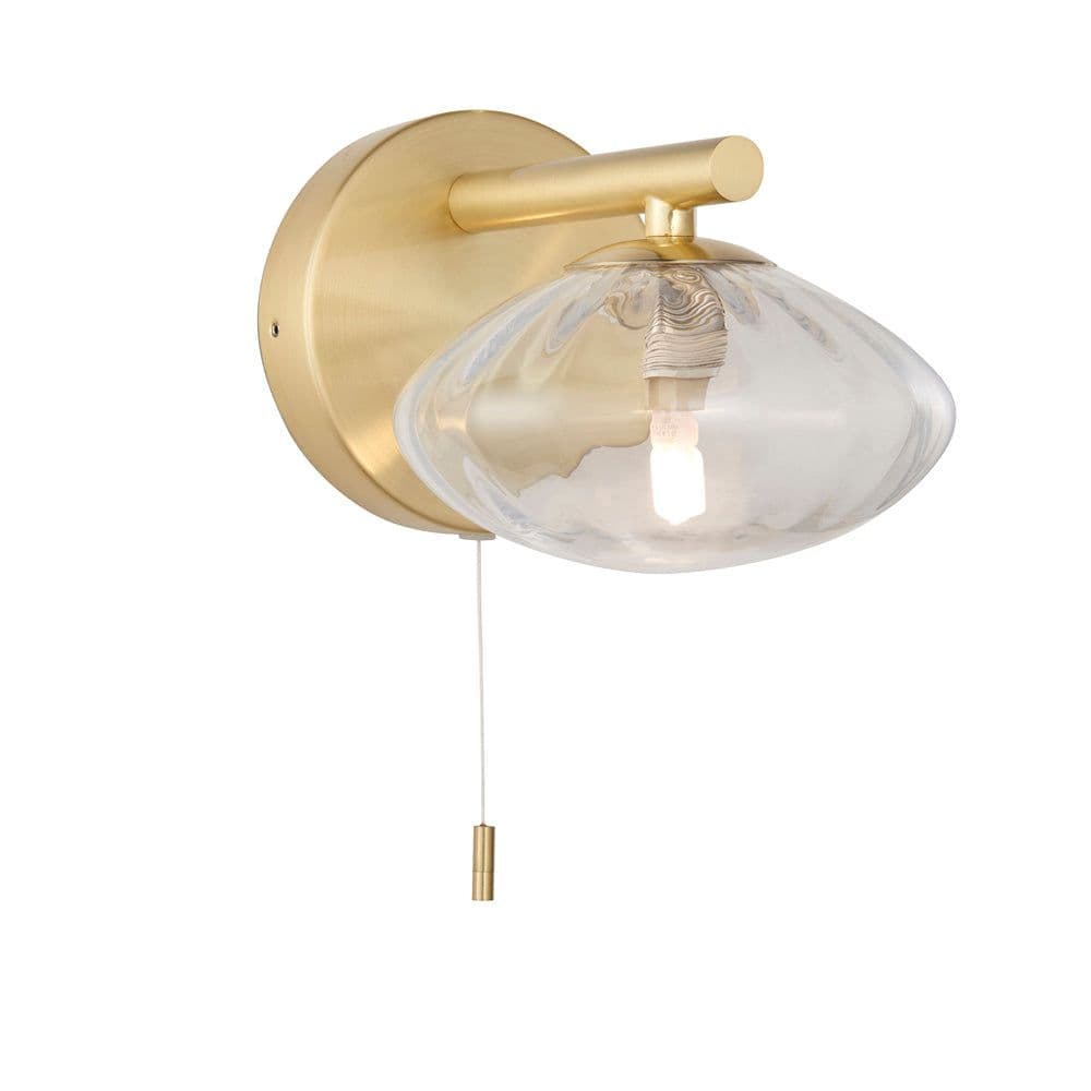 Satin Brass Bathroom Wall Light & Ribbed Glass Shade IP44 Rated Modern Sconce