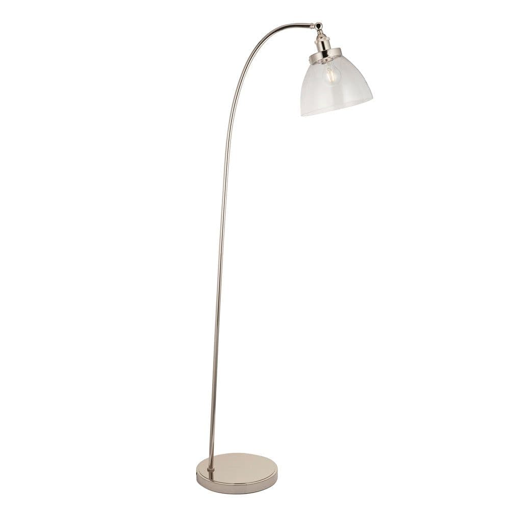 Bright Nickel Standing Floor Lamp Light & Clear Glass Shade Knurled Detailing