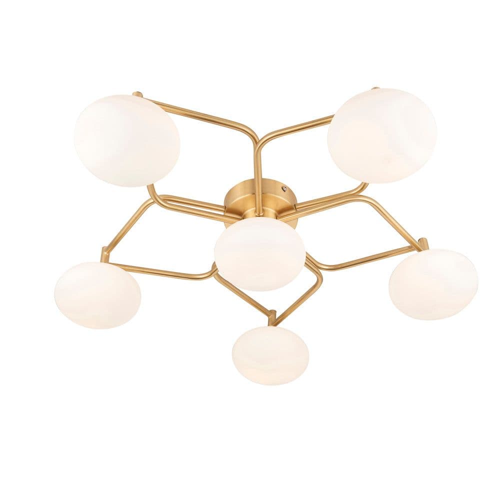 Satin Brass Geometric Flush Ceiling Light Opal Glass Shades 6 Bulb Fitting
