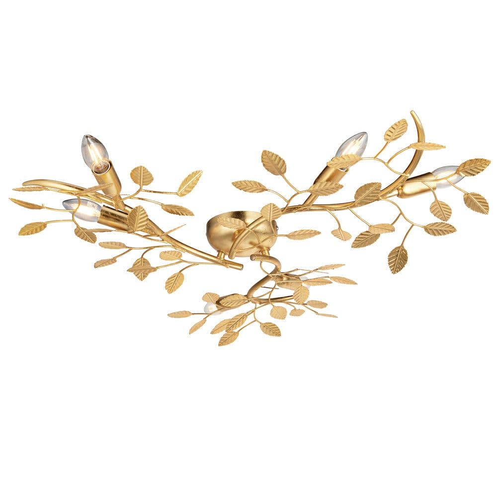 Gold Leaf Flush Ceiling Light - 6 Bulb Decorative Fitting - Low Profile Lighting