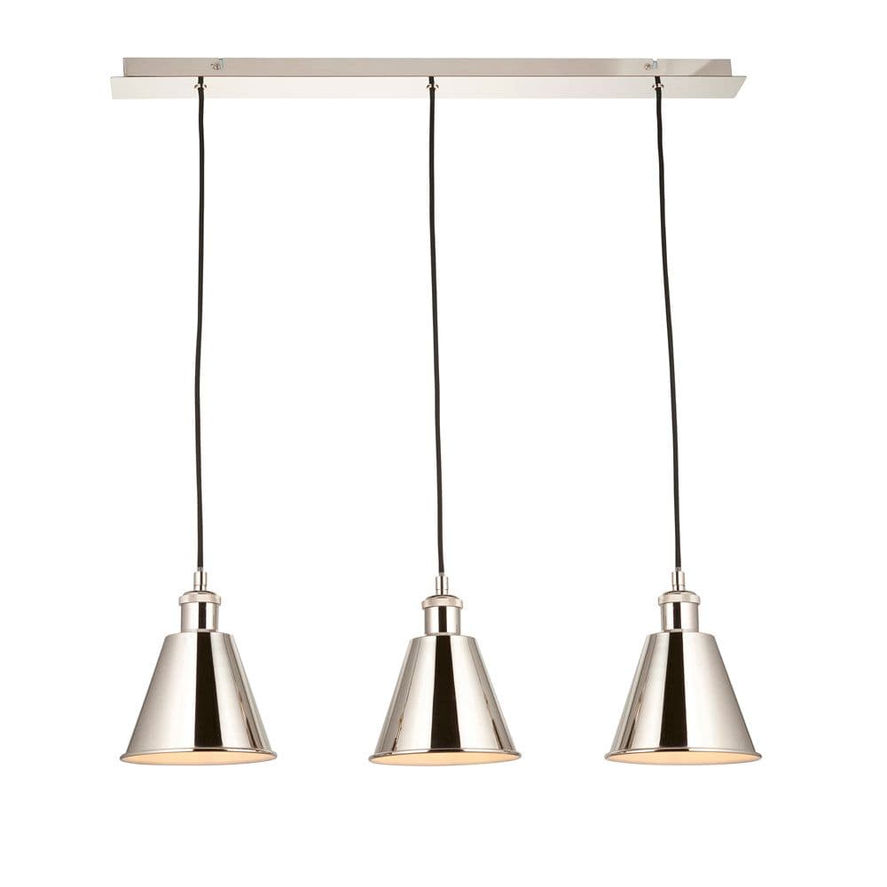Bright Nickel Three Light Ceiling Pendant & Inner Shade Knurled Detailing