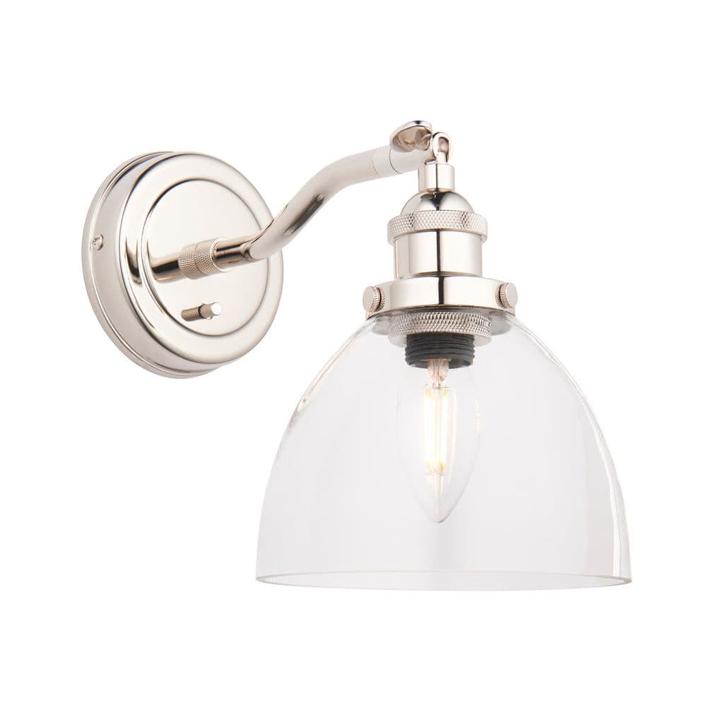 Bright Nickel Wall Light Fitting Clear Glass Shade Knurled Detailing