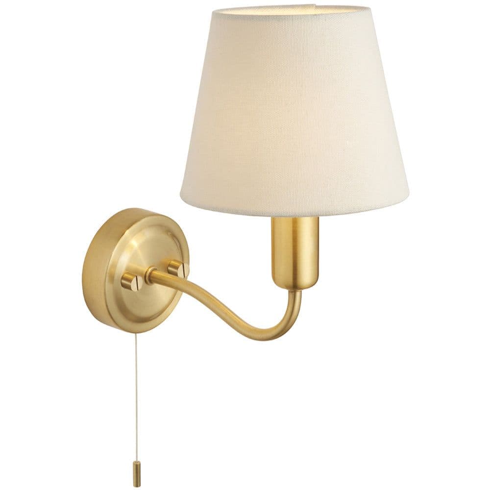 Bathroom Wall Light Fitting Satin Brass Plate & Fabric Shade Modern