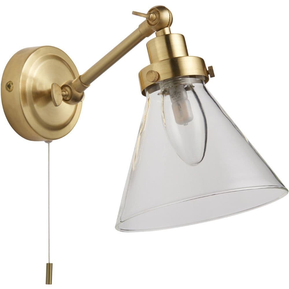 Bathroom Wall Light Fitting Satin Brass Plate & Glass Shade Sconce