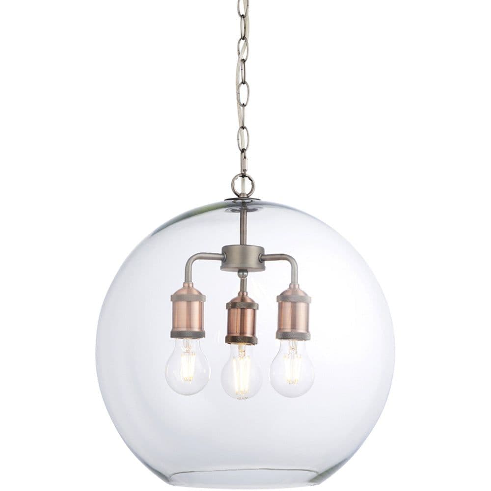 Industrial 3 Light Ceiling Pendant Aged Pewter & Plate Clear Glass Shade