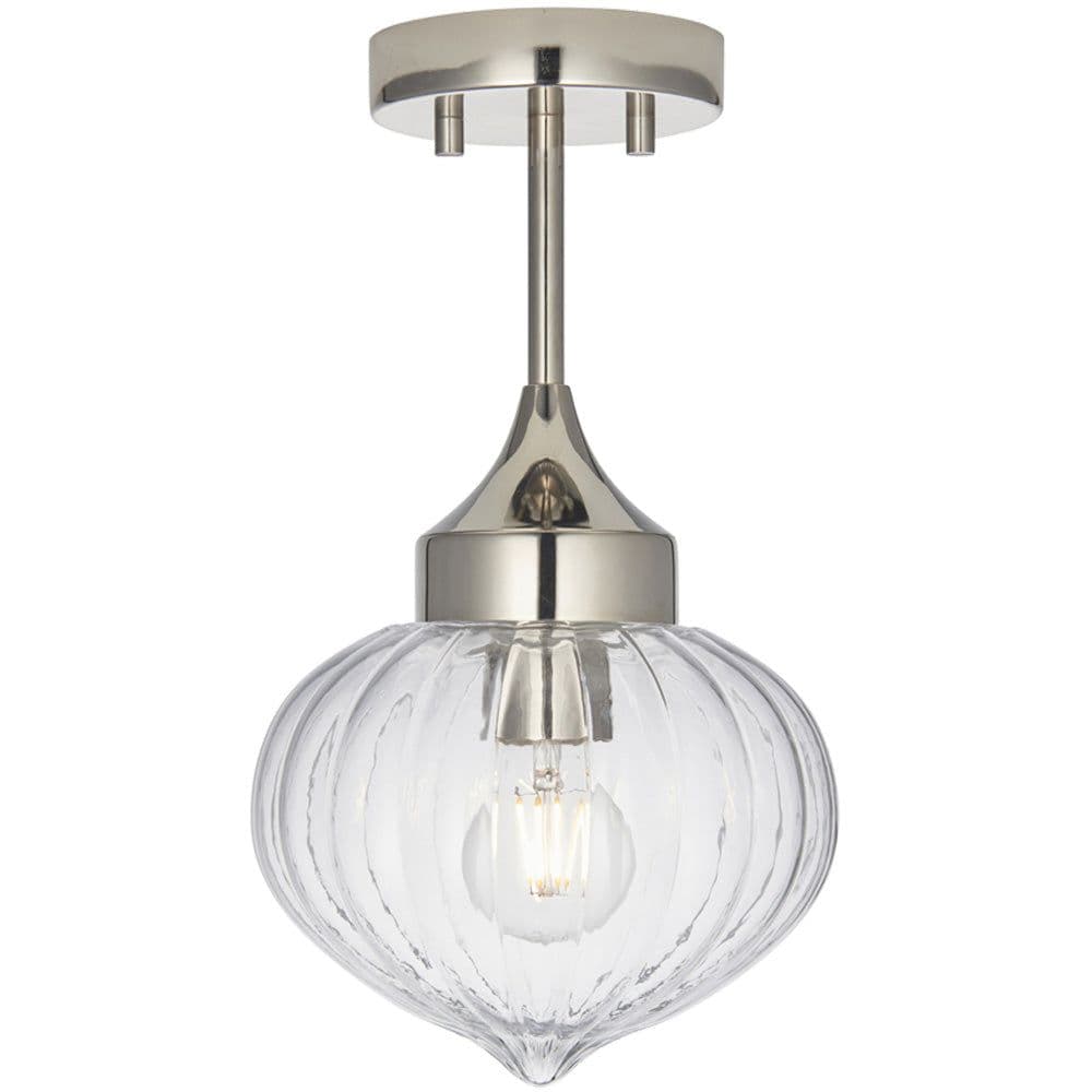 Semi Flush Ceiling Light Fitting Bright Nickel Plate & Ribbed Glass Shade